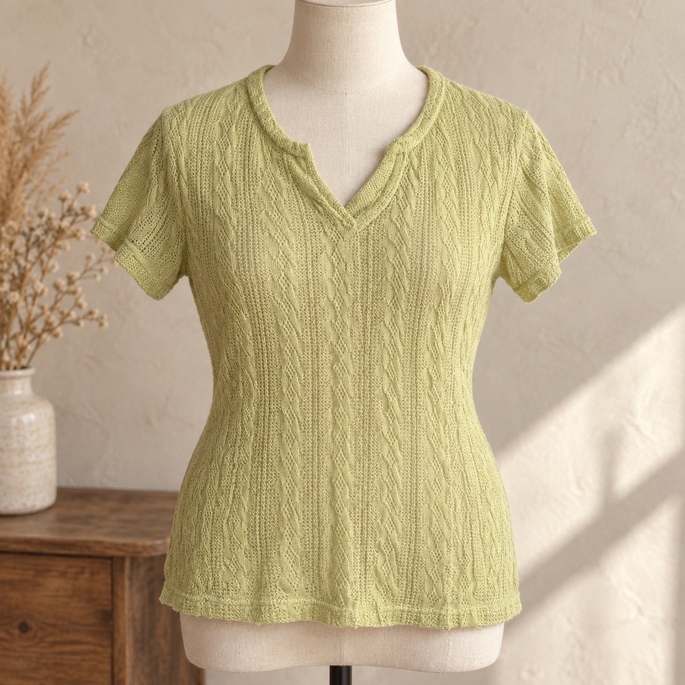 Fitz + Eddi Sage Green Pointelle Cable Knit Notched V-Neck Short Sleeve Top XS